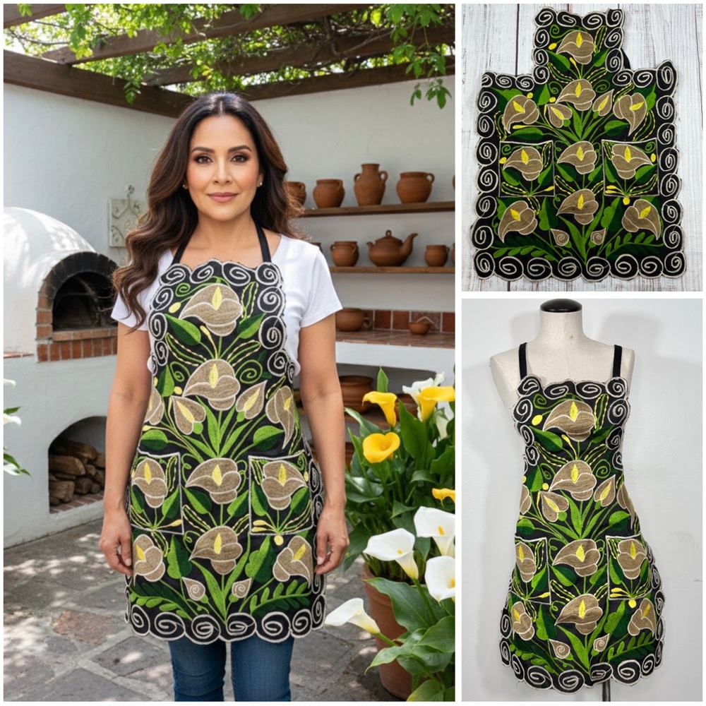 Mexican Embroidered Zinacantan Calla Lily Artisan Apron